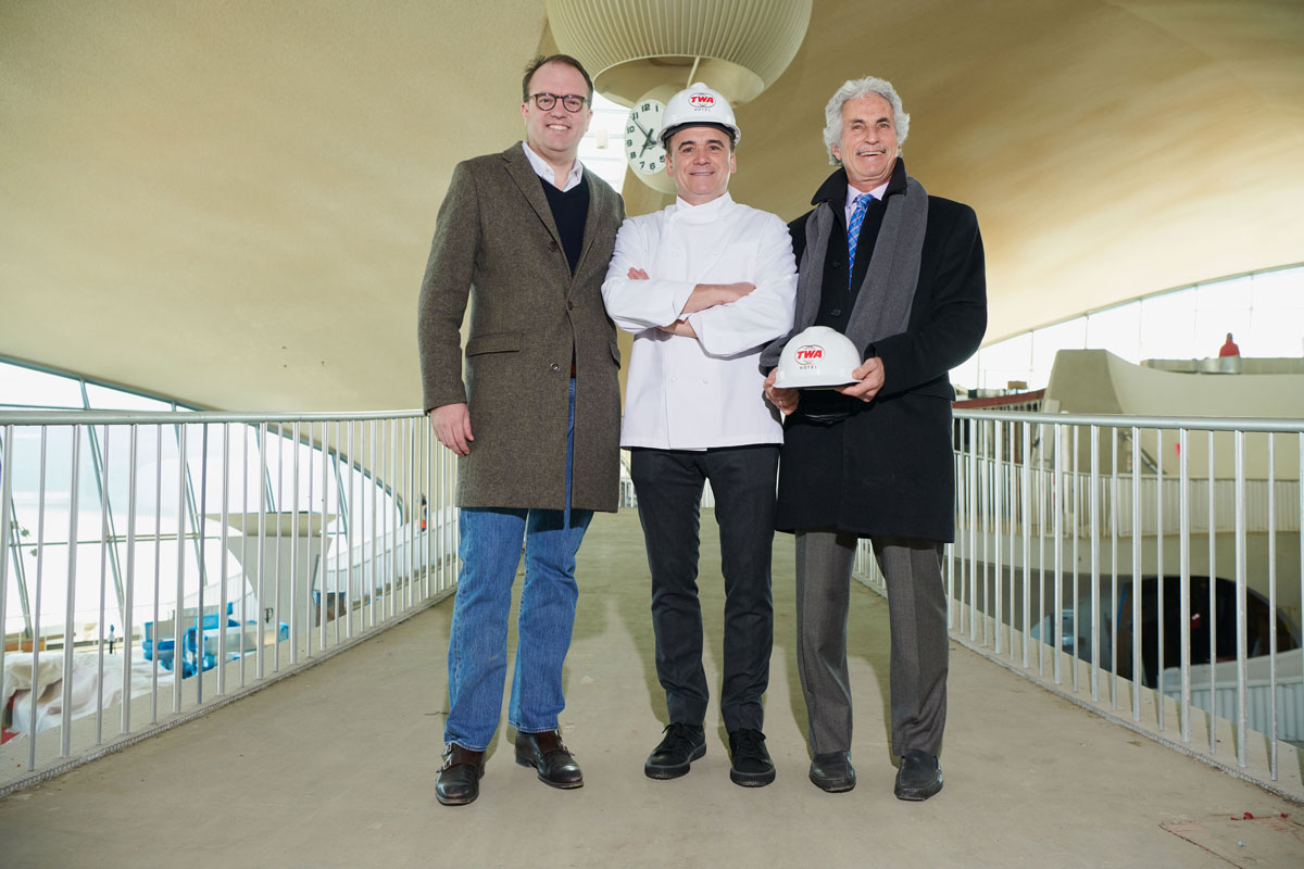 MCR CEO Tyler Morse, Jean-Georges Vongerichten and Tastes on the Fly CEO & Co-Founder Michael Levine at the TWA Hotel.