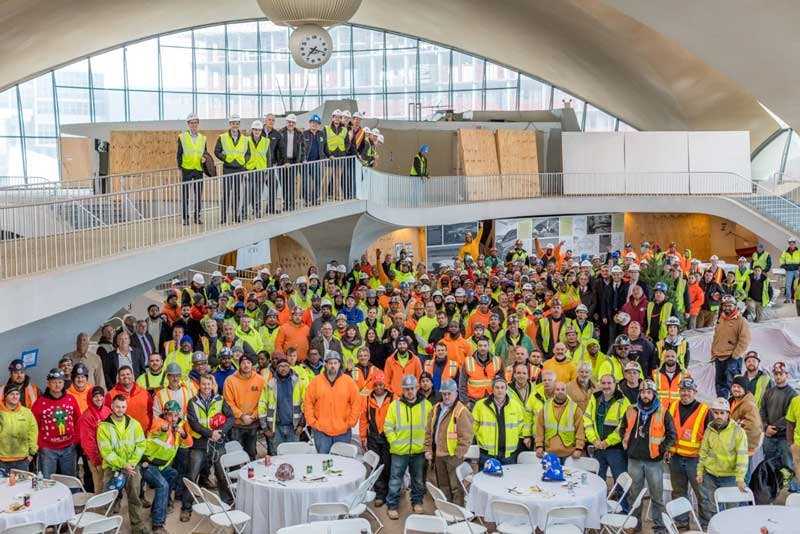 Less Than a Year After Groundbreaking, MCR & Morse Development Top Out the TWA Hotel New York Airport 5 TWA topping Out TWA Hotel construction workers and partners at the TWA Hotel Topping Out ceremony Max Touhey Metropolitan Airport News