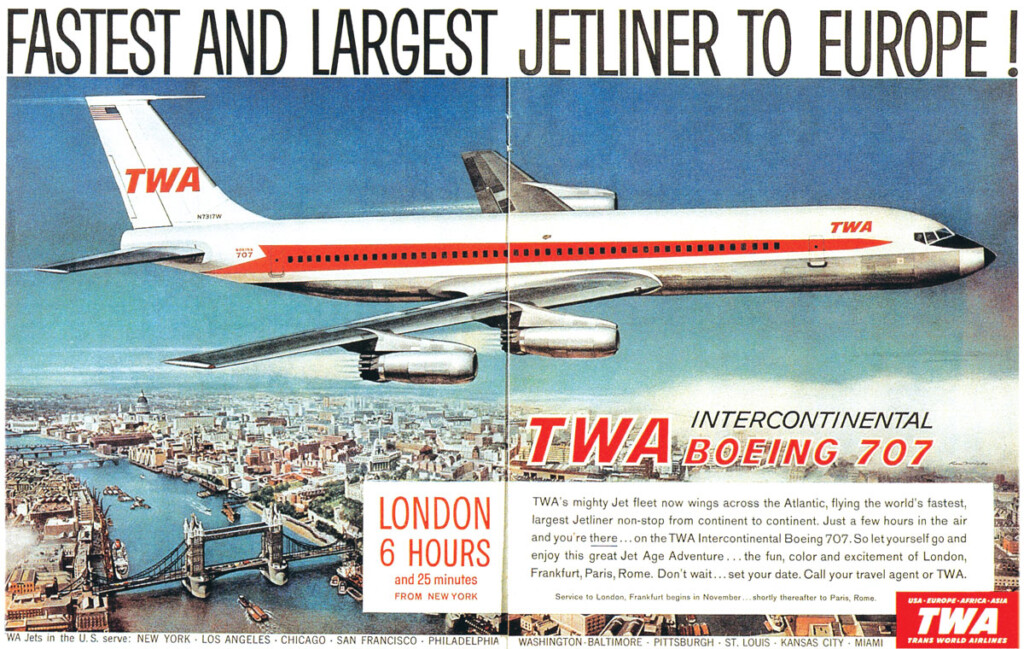Travel By Air, The Golden Years: 1920s-1960s New York Airport Advertising art for TWA Boeing 707 airliner.