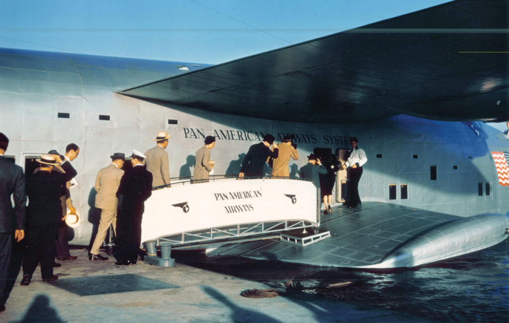Travel By Air, The Golden Years: 1920s-1960s New York Airport Passengers board a Boeing 314 at the LaGuardia Marine Terminal ramp c.1941