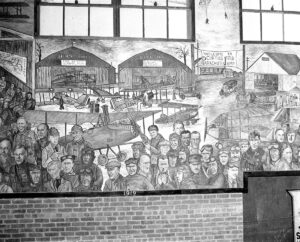 Aline-Rhonie-mural-1919-Section-Interior-Hangar-F-Roosevelt-Field-c.1938- New York Airport Aline Rhonie mural 1919 Section Interior Hangar F Roosevelt Field c.1938 Metropolitan Airport News