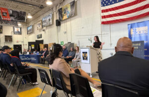 Lisa Romanowski, Principal of Western Suffolk BOCES, addresses the graduates of the class of 2026 during the Aviation Maintenance Technology Recognition Ceremony. New York Airport Lisa Romanowski, Principal of Western Suffolk BOCES, addresses the graduates of the class of 2026 during the Aviation Maintenance Technology Recognition Ceremony.