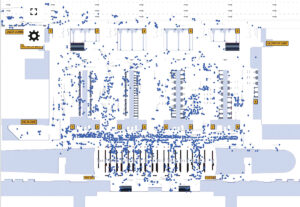 At JFK Terminal 4, the Beonic platform utilizes computer vision and AI to monitor passenger density in real-time. The “blue dots” representing passengers and the platform collaborate to improve safety and efficiency.