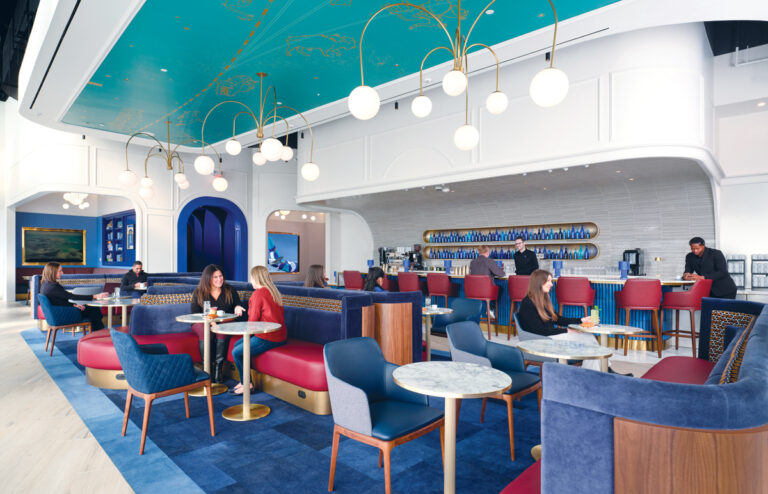 Airport Lounges – The Art of Relaxation The first floor of JetBlue’s lounge located at Terminal 5 at JFK Airport, known as BlueHouse.