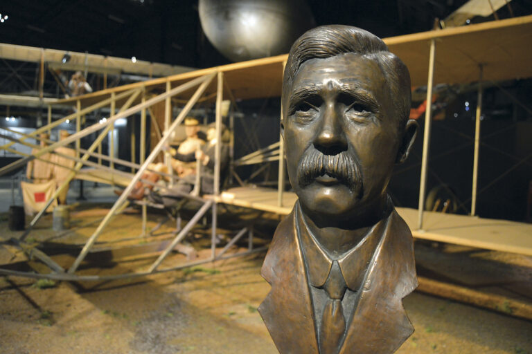 A bronze bust honoring the first aviation mechanic, Charles E. Taylor, is on permanent display in the National Museum of the U.S. Air Force’s Early Years Gallery.