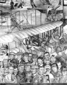 Detailed-close-up-of-1910-section-of-Rhonie-Mural-c.1936-- New York Airport Detailed close up of 1910 section of Rhonie Mural c.1936 Metropolitan Airport News