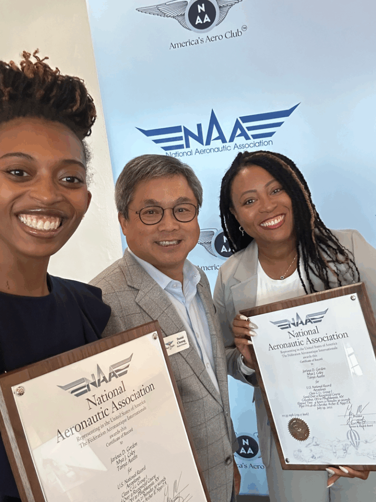 Soaring to New Heights: NAA 2025 Aviation Records Celebration Honors Trailblazers at Kansas Aviation Museum New York Airport (L.-R.): Mya Coley, Tanya Austin, and David Cheung.