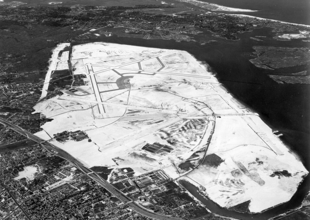 Idlewild Kennedy Aerial view of Idlewild Airport looking from west to east. The basic surface preparation of site is shown 7 21 1947 8.27.2 Metropolitan Airport News