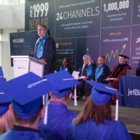 JetBlue's Chief Executive Officer and President, Robin Hayes congratulates the first graduates of JetBlue's employer-sponsored college degree program.