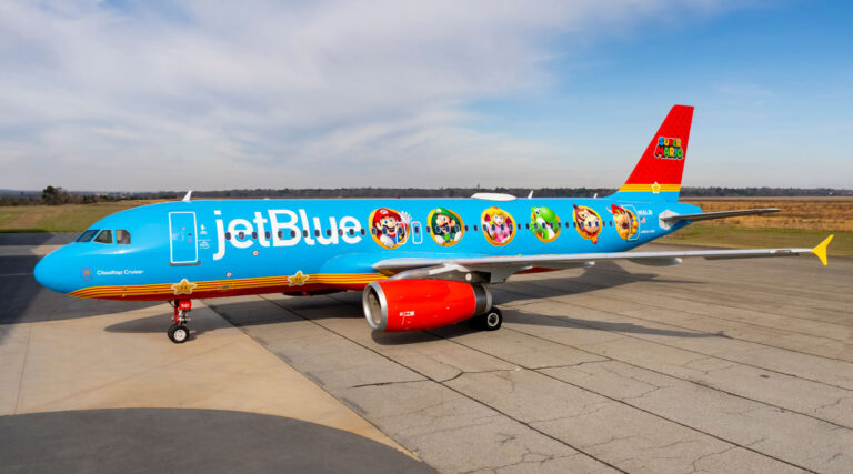 JetBlue Debuts Special Livery Featuring Mario and Friends JetBlue, in partnership with Nintendo, today introduced an Airbus A320 livery design named Cloudtop Cruiser (tailfin number N561JB) featuring Mario and friends—Princess Peach, Luigi, Bowser, Donkey Kong and Yoshi.