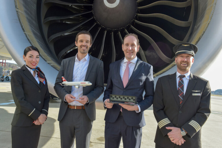 SWISS and Climeworks Set a Shared Course for a More Sustainable Future Jan Wurzbacher, co-founder and co-CEO of Climeworks, and SWISS CEO Dieter Vranckx, flanked by a SWISS crew at Zurich Airport in February 2024.