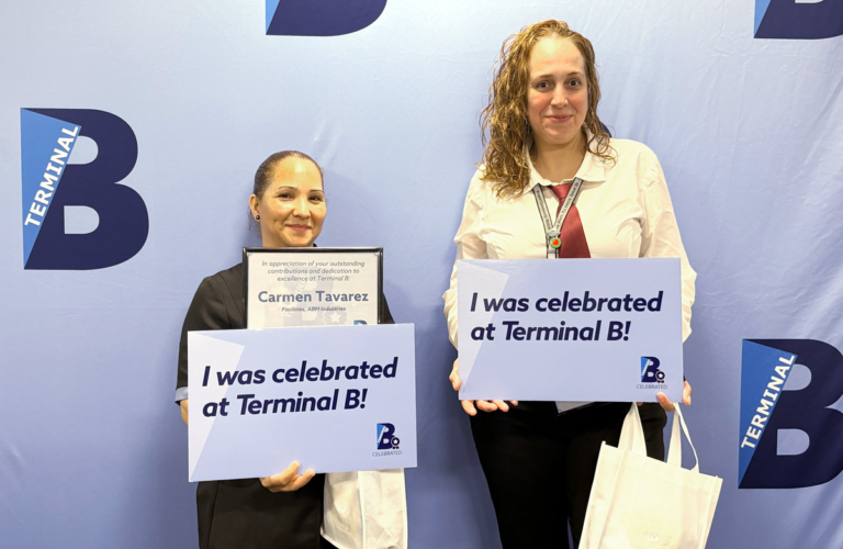 LaGuardia Terminal B’s Quarterly B-Celebrated Employee Recognition Award Ceremony L-R: Carmen Tavarez, Janitorial, ABM; Jessica Roman, Brooklyn Diner, SSP.