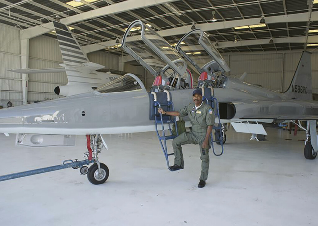 Actor Michael Dorn with one of several military jets (F-5B) he has owned and piloted.