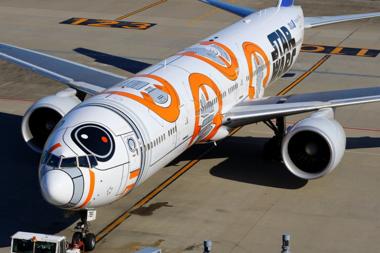 All Nippon Airways Says Eyeballs Painted On Aircraft Cut Bird Strikes ANA Boeing 777-300 BB-8 themed livery.