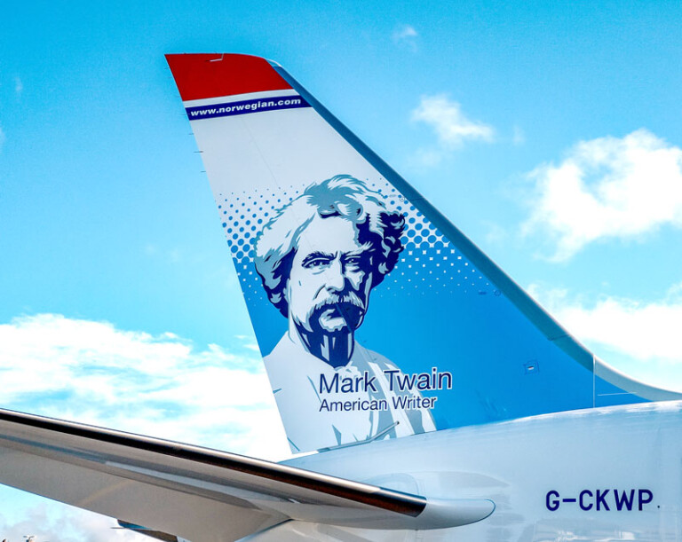 Norwegian’s Tailfin Features America’s Most Famous Literary Icon: Mark Twain Mark Twain Norwegian's New Tailfin Hero