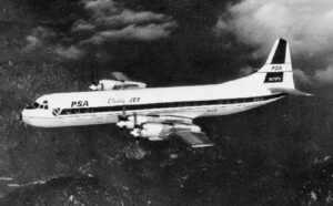 PSA Lockheed Electra turboprop. New York Airport PSA Lockheed Electra turboprop.