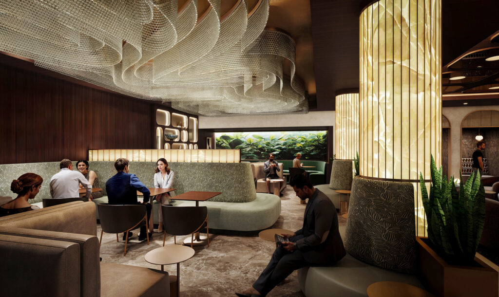 Rendering of the Plaza Premium First lounge dining area.