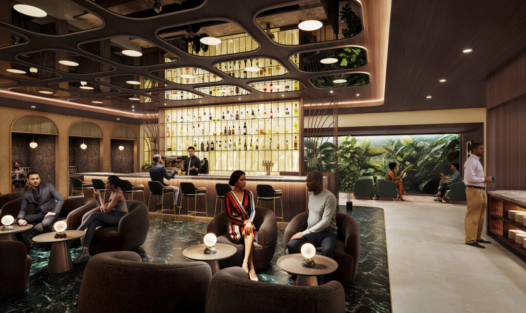Rendering of Plaza Premium First lounge bar.
