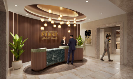 Rendering of Plaza Premium First lounge entrance.