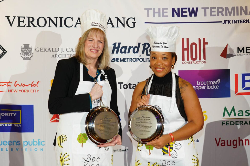 QCP Marks 30 Years of “Evening of Fine Food” Chefs of the Year 2025, Sharon DeVivio, President, Vaughn College, and Uzo Okoye, Chief of Staff, New Terminal One at JFK Airport. (Queens Centers for Progress)