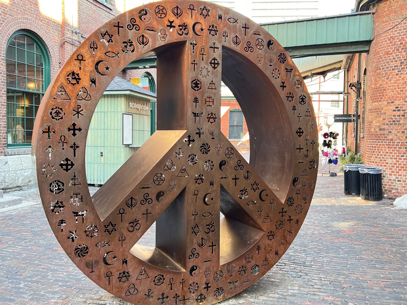 ‘Symbolic Peace’ is a laser cut, cold rolled steel sculpture located in the Distillery District in downtown Toronto.