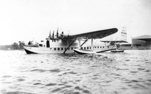 Pan American Airways Sikorsky S-42B afloat in Manhasset Bay, aircrew at hull and pilot hatch.