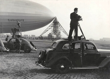 Hindenburg in 1936, with reporters and film crew