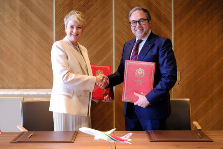 Royal Air Maroc and The New Terminal One Announce Strategic Partnership to Elevate NYC Operations Jennifer Aument, CEO of The New Terminal One at JFK and Hamid Addou, Chairman and CEO of Royal Air Maroc, at a signing ceremony in Casablanca, Morocco.