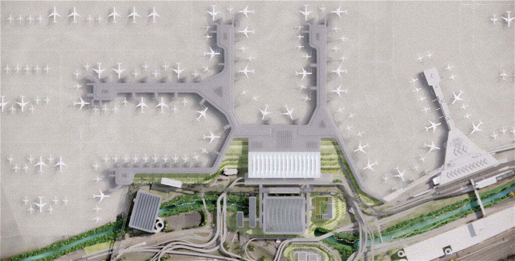 Rendering aerial view new Terminal B and Terminal A.